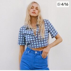 Zara Blue, Purple Geometric Print Polo Crop Top